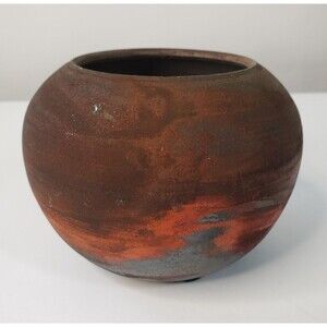 Raku Pottery Vase Rough Textured Surface Metallic Iridescent Artist Signed